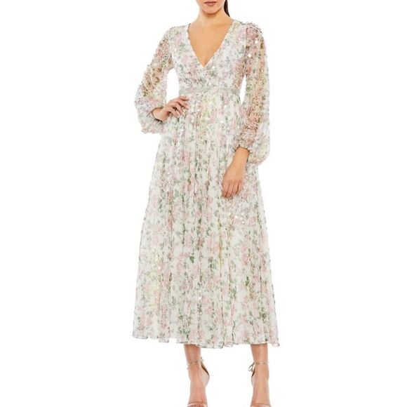 Mac Duggal 93788 Floral Beaded Sequin Midi Dress White Multi Size 16 - Picture 1 of 14